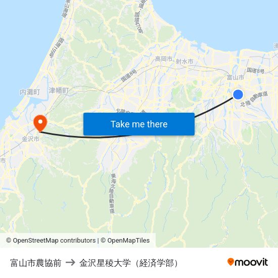 富山市農協前 to 金沢星稜大学（経済学部） map