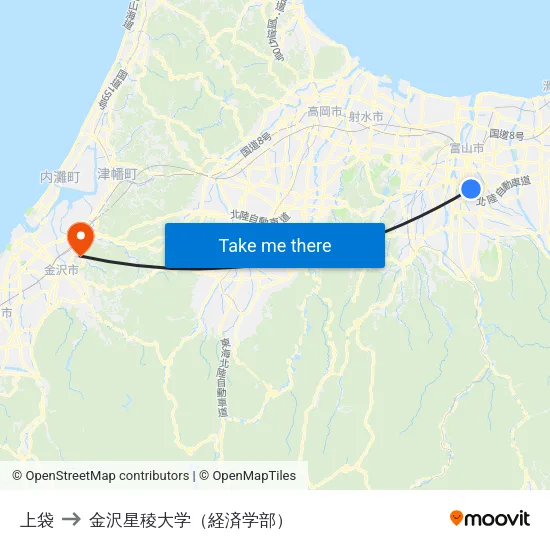 上袋 to 金沢星稜大学（経済学部） map