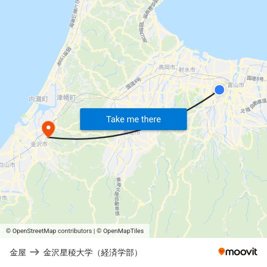金屋 to 金沢星稜大学（経済学部） map