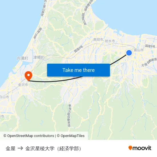 金屋 to 金沢星稜大学（経済学部） map