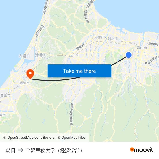 朝日 to 金沢星稜大学（経済学部） map