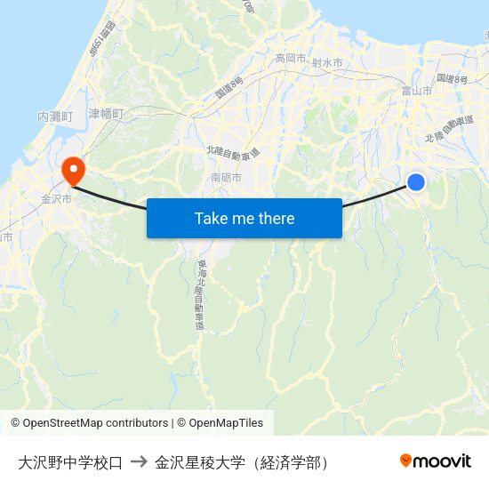 大沢野中学校口 to 金沢星稜大学（経済学部） map