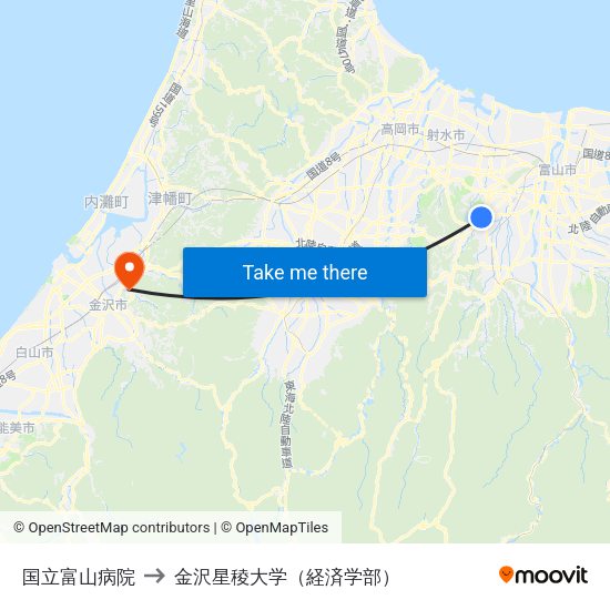 国立富山病院 to 金沢星稜大学（経済学部） map