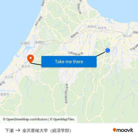 下瀬 to 金沢星稜大学（経済学部） map