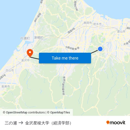 三の瀬 to 金沢星稜大学（経済学部） map