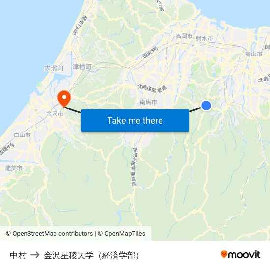 中村 to 金沢星稜大学（経済学部） map