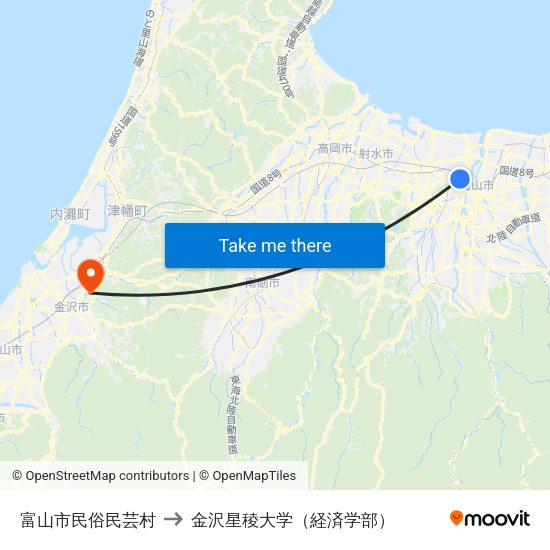 富山市民俗民芸村 to 金沢星稜大学（経済学部） map