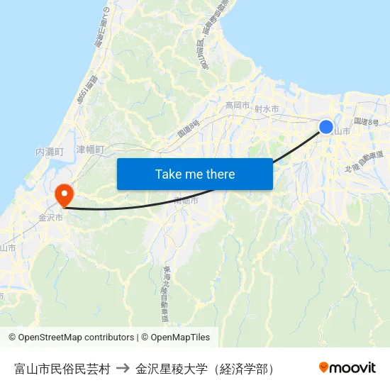 富山市民俗民芸村 to 金沢星稜大学（経済学部） map