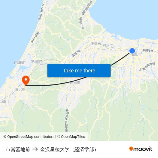 市営墓地前 to 金沢星稜大学（経済学部） map
