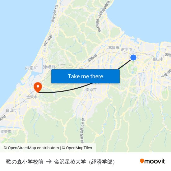 歌の森小学校前 to 金沢星稜大学（経済学部） map