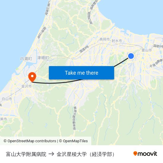 富山大学附属病院 to 金沢星稜大学（経済学部） map