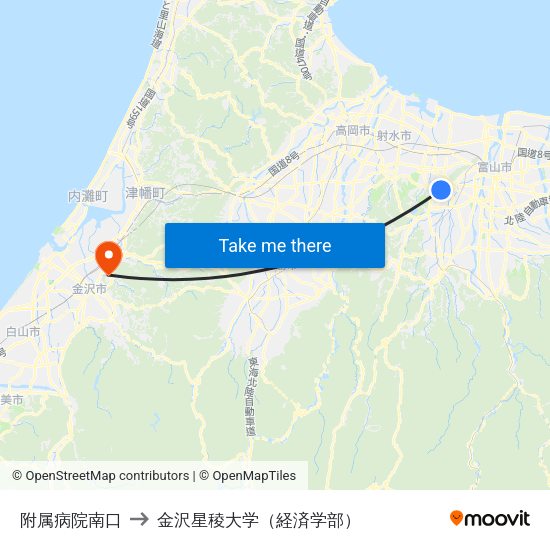 附属病院南口 to 金沢星稜大学（経済学部） map