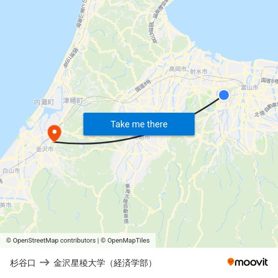 杉谷口 to 金沢星稜大学（経済学部） map