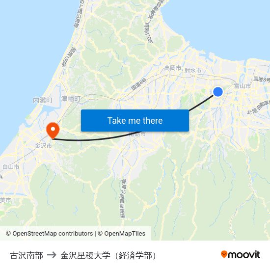 古沢南部 to 金沢星稜大学（経済学部） map