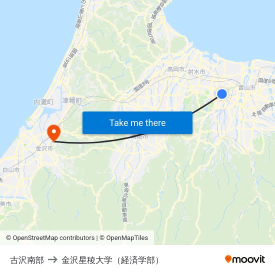 古沢南部 to 金沢星稜大学（経済学部） map