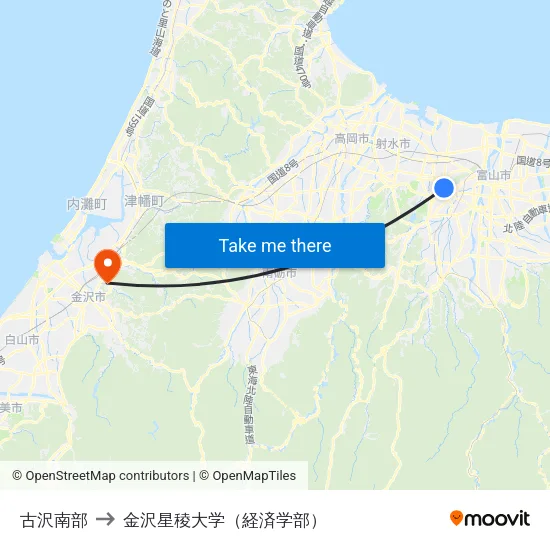 古沢南部 to 金沢星稜大学（経済学部） map