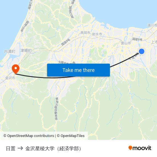 日置 to 金沢星稜大学（経済学部） map