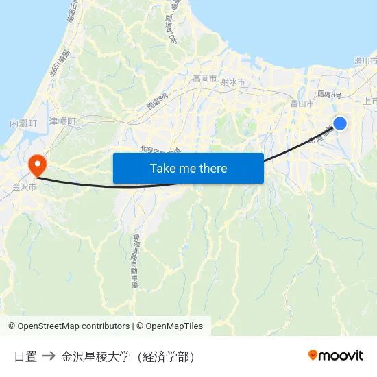 日置 to 金沢星稜大学（経済学部） map
