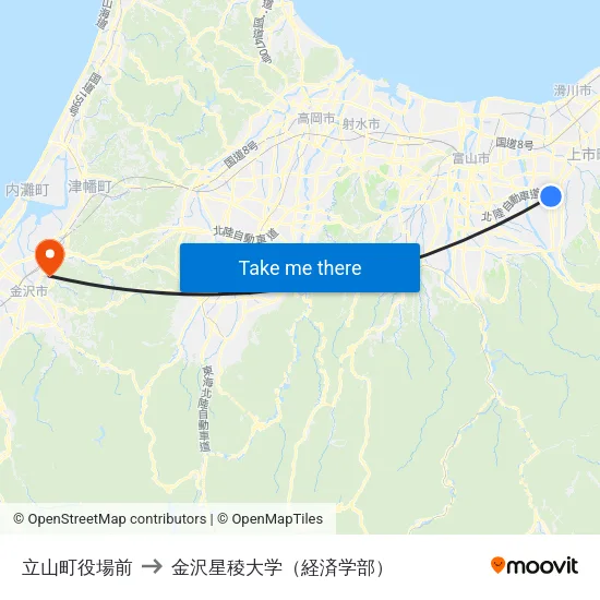 立山町役場前 to 金沢星稜大学（経済学部） map