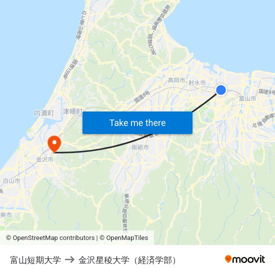富山短期大学 to 金沢星稜大学（経済学部） map