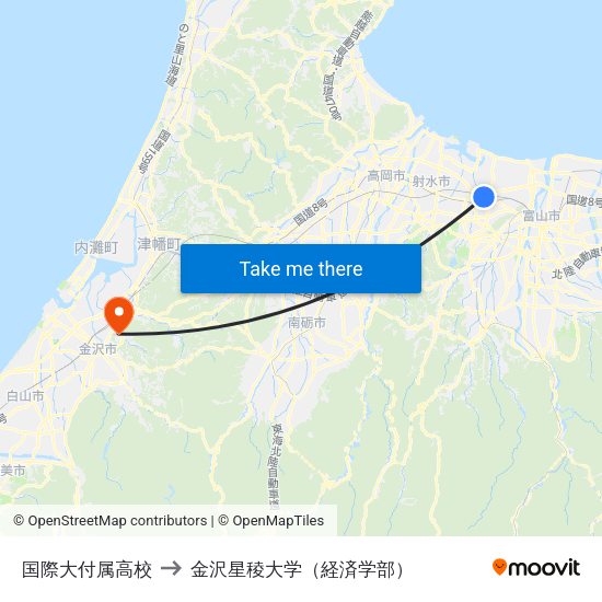 国際大付属高校 to 金沢星稜大学（経済学部） map