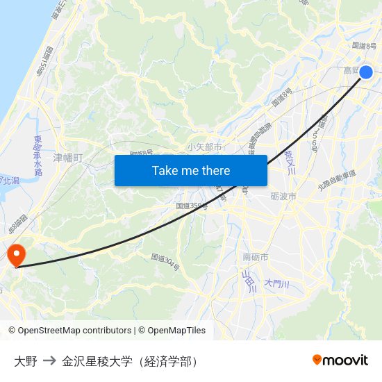 大野 to 金沢星稜大学（経済学部） map