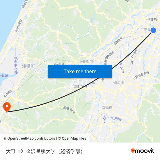 大野 to 金沢星稜大学（経済学部） map