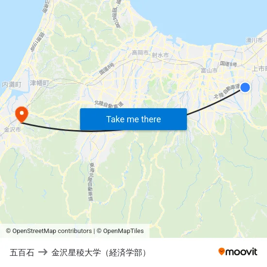 五百石 to 金沢星稜大学（経済学部） map