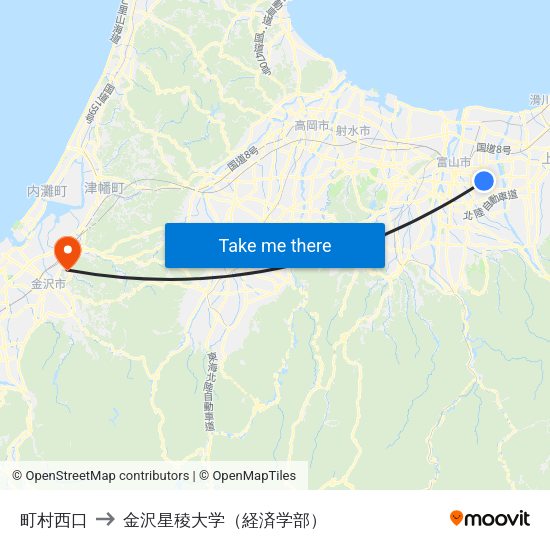 町村西口 to 金沢星稜大学（経済学部） map