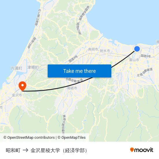 昭和町 to 金沢星稜大学（経済学部） map