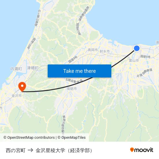 西の宮町 to 金沢星稜大学（経済学部） map