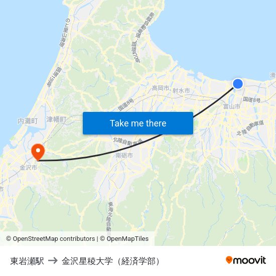 東岩瀬駅 to 金沢星稜大学（経済学部） map