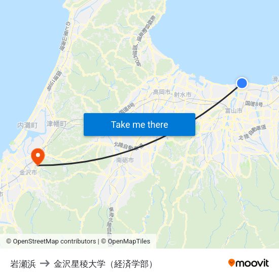 岩瀬浜 to 金沢星稜大学（経済学部） map