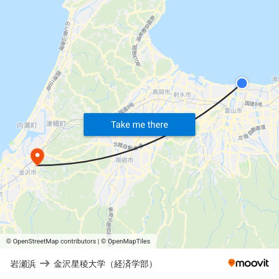 岩瀬浜 to 金沢星稜大学（経済学部） map