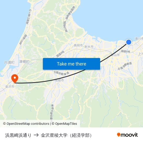 浜黒崎浜通り to 金沢星稜大学（経済学部） map
