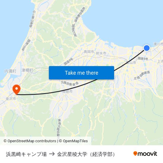 浜黒崎キャンプ場 to 金沢星稜大学（経済学部） map