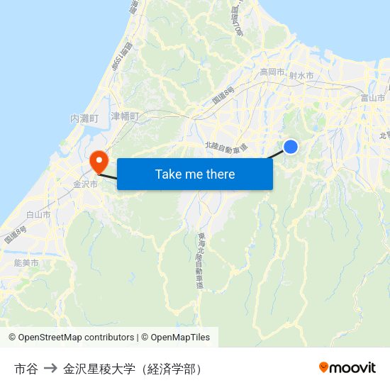 市谷 to 金沢星稜大学（経済学部） map