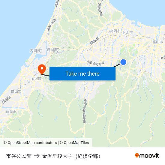 市谷公民館 to 金沢星稜大学（経済学部） map
