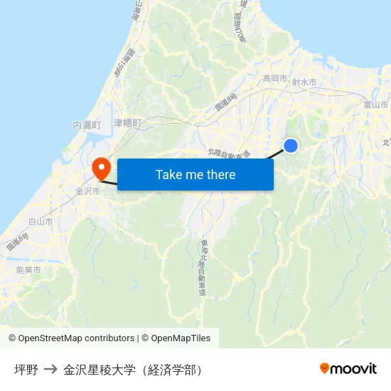 坪野 to 金沢星稜大学（経済学部） map