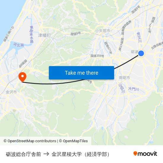 砺波総合庁舎前 to 金沢星稜大学（経済学部） map