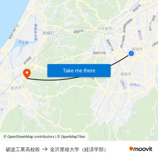 砺波工業高校前 to 金沢星稜大学（経済学部） map