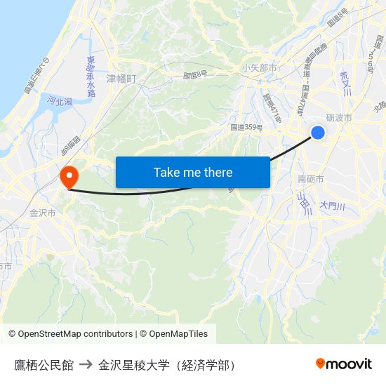 鷹栖公民館 to 金沢星稜大学（経済学部） map