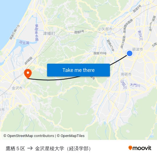 鷹栖５区 to 金沢星稜大学（経済学部） map