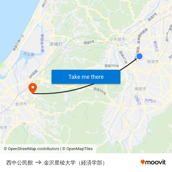 西中公民館 to 金沢星稜大学（経済学部） map
