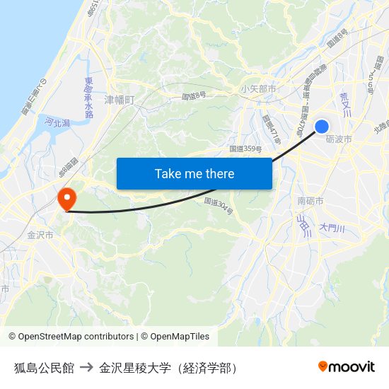 狐島公民館 to 金沢星稜大学（経済学部） map