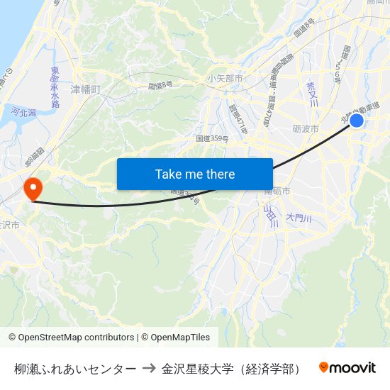 柳瀬ふれあいセンター to 金沢星稜大学（経済学部） map
