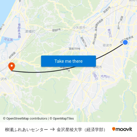 柳瀬ふれあいセンター to 金沢星稜大学（経済学部） map