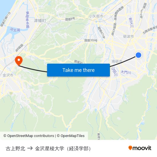 古上野北 to 金沢星稜大学（経済学部） map