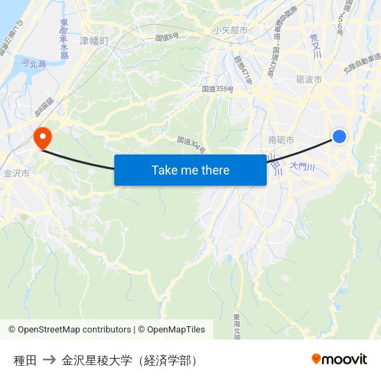 種田 to 金沢星稜大学（経済学部） map