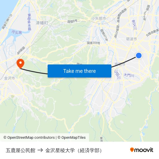 五鹿屋公民館 to 金沢星稜大学（経済学部） map